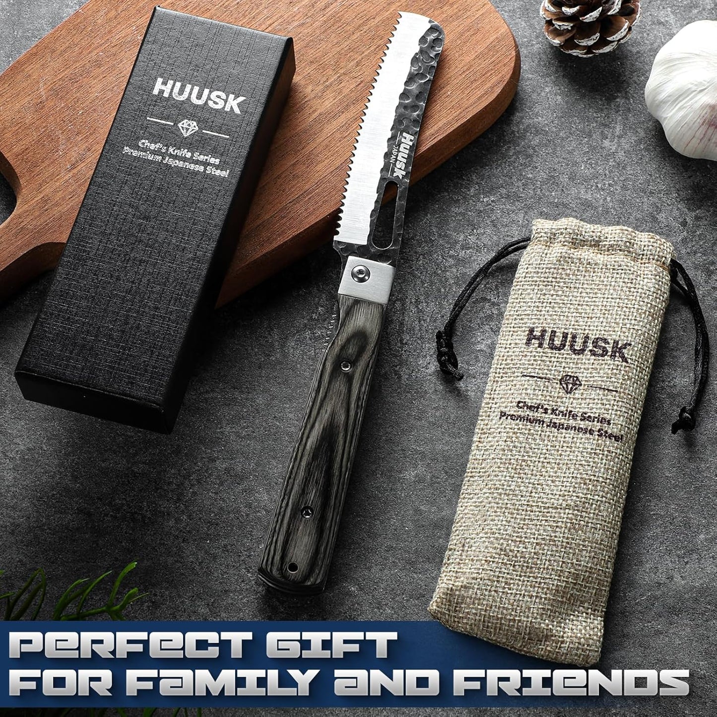 Huusk Folding Chef Knife Set - Japanese Pocket Knife Set | Including Nakiri, Santoku, Bread and Fruit Knives, Hand Forged Blade, Wooden Handle, Gift Box