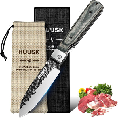 Huusk Folding Chef Knife Set - Japanese Pocket Knife Set | Including Nakiri, Santoku, Bread and Fruit Knives, Hand Forged Blade, Wooden Handle, Gift Box