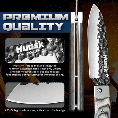 Huusk Folding Chef Knife Set - Japanese Pocket Knife Set | Including Nakiri, Santoku, Bread and Fruit Knives, Hand Forged Blade, Wooden Handle, Gift Box