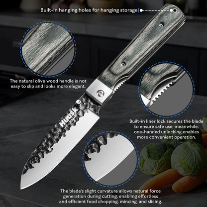 Huusk Folding Chef Knife Set - Japanese Pocket Knife Set | Including Nakiri, Santoku, Bread and Fruit Knives, Hand Forged Blade, Wooden Handle, Gift Box