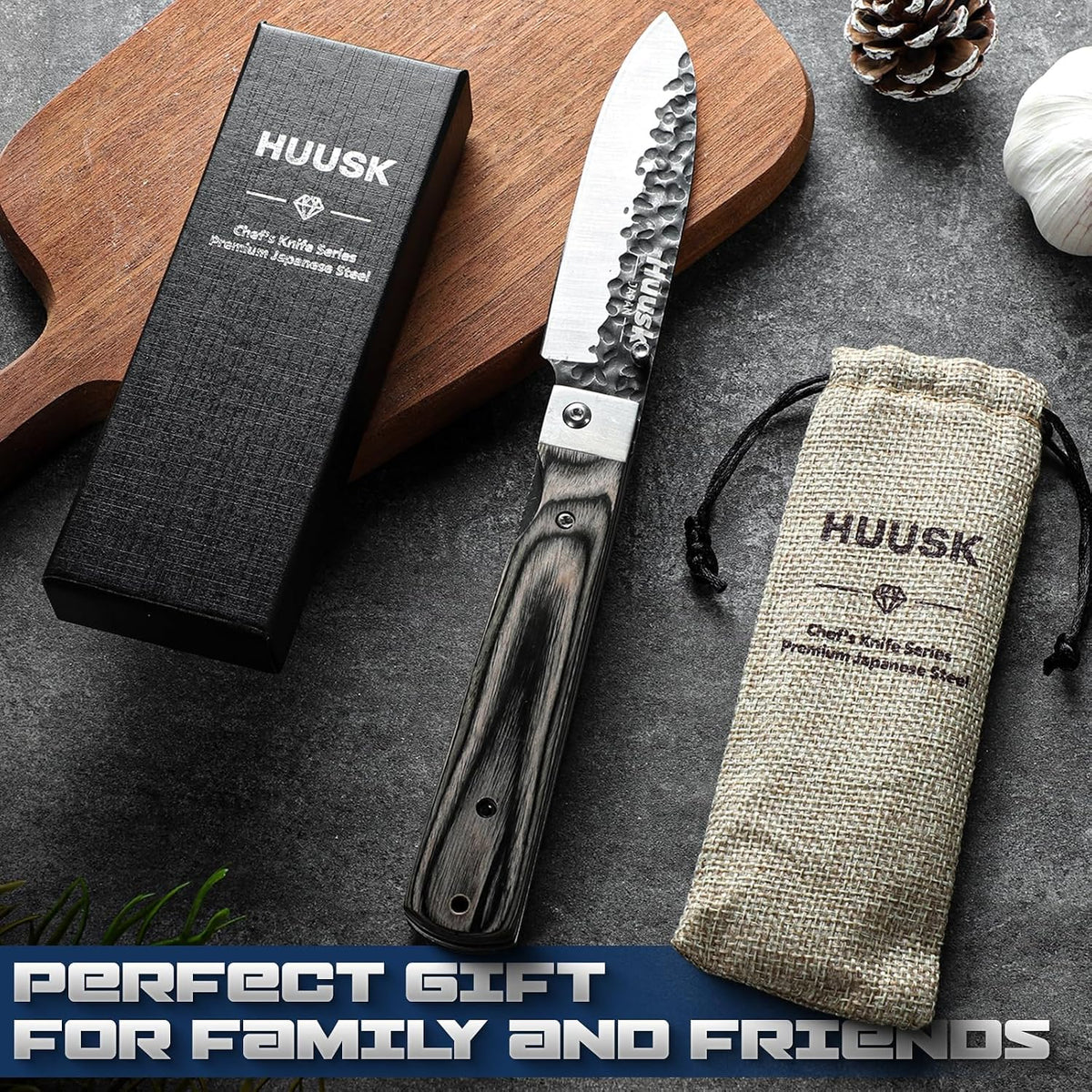 Huusk Folding Chef Knife Set - Japanese Pocket Knife Set | Including Nakiri, Santoku, Bread and Fruit Knives, Hand Forged Blade, Wooden Handle, Gift Box