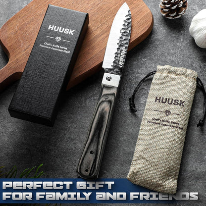 Huusk Folding Chef Knife Set - Japanese Pocket Knife Set | Including Nakiri, Santoku, Bread and Fruit Knives, Hand Forged Blade, Wooden Handle, Gift Box