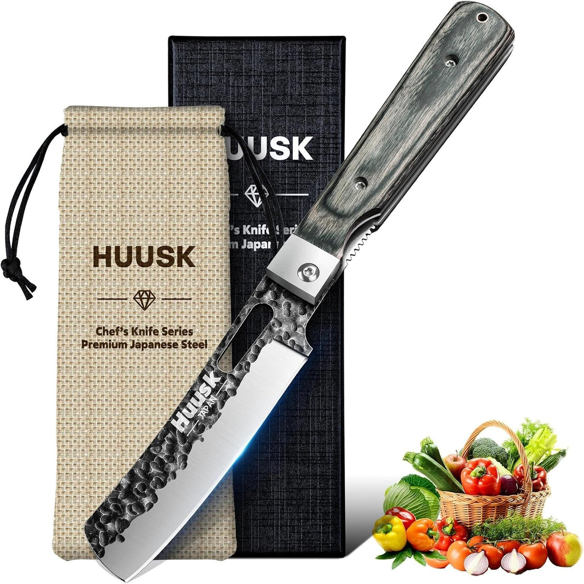 Huusk Folding Chef Knife Set - Japanese Pocket Knife Set | Including Nakiri, Santoku, Bread and Fruit Knives, Hand Forged Blade, Wooden Handle, Gift Box