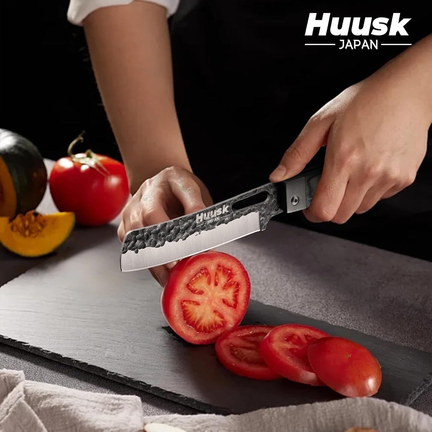 Huusk Folding Chef Knife Set - Japanese Pocket Knife Set | Including Nakiri, Santoku, Bread and Fruit Knives, Hand Forged Blade, Wooden Handle, Gift Box