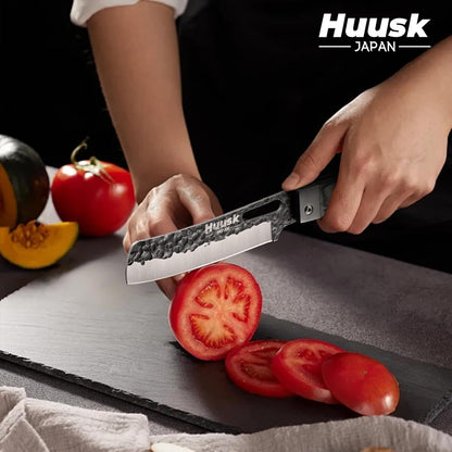 Huusk Folding Chef Knife Set - Japanese Pocket Knife Set | Including Nakiri, Santoku, Bread and Fruit Knives, Hand Forged Blade, Wooden Handle, Gift Box
