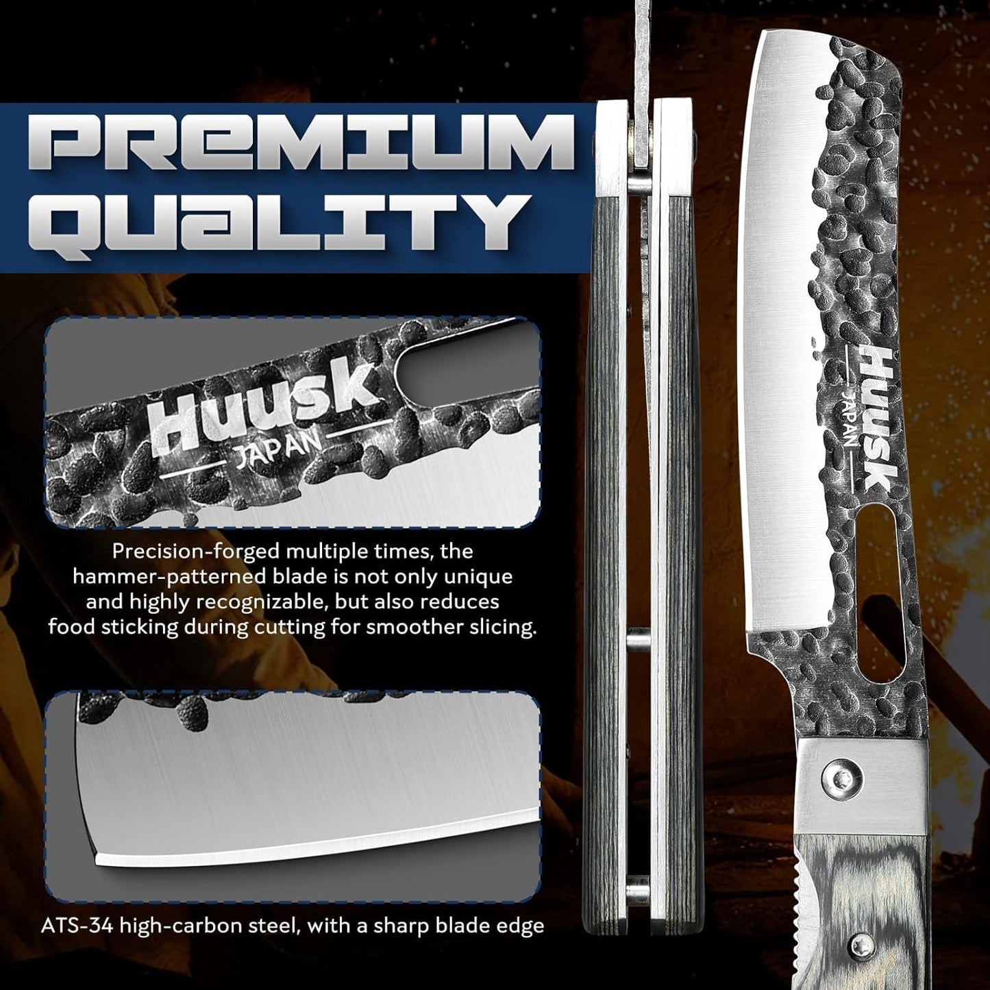 Huusk Folding Chef Knife Set - Japanese Pocket Knife Set | Including Nakiri, Santoku, Bread and Fruit Knives, Hand Forged Blade, Wooden Handle, Gift Box