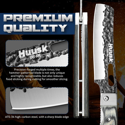 Huusk Folding Chef Knife Set - Japanese Pocket Knife Set | Including Nakiri, Santoku, Bread and Fruit Knives, Hand Forged Blade, Wooden Handle, Gift Box