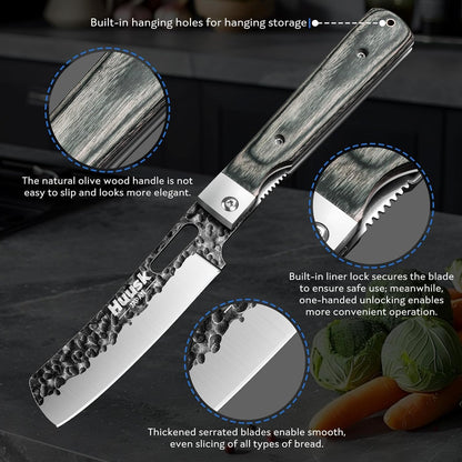 Huusk Folding Chef Knife Set - Japanese Pocket Knife Set | Including Nakiri, Santoku, Bread and Fruit Knives, Hand Forged Blade, Wooden Handle, Gift Box