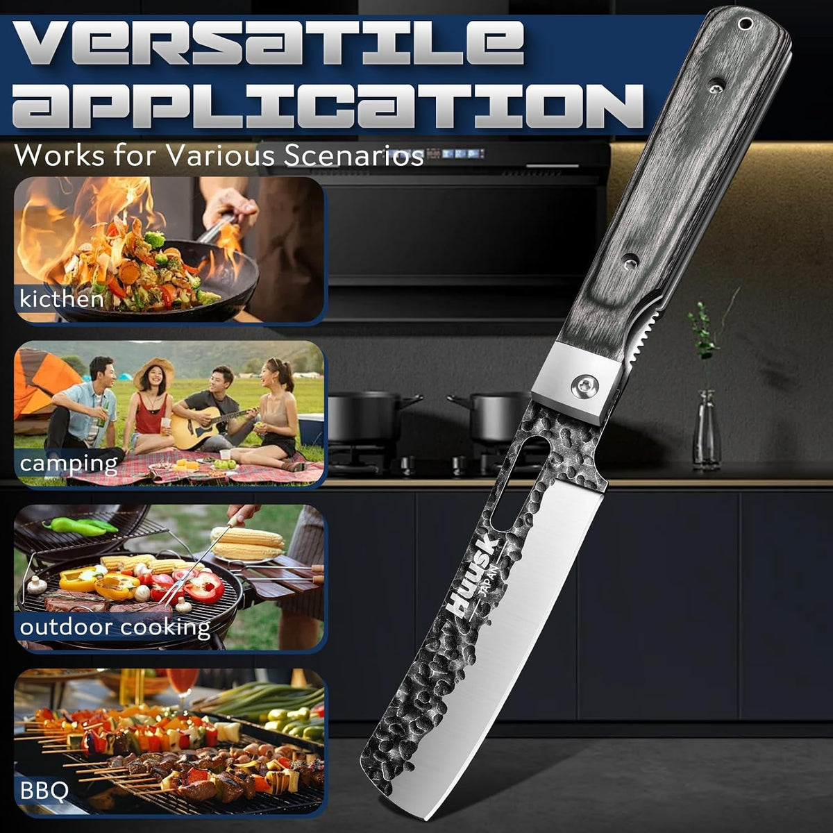 Huusk Folding Chef Knife Set - Japanese Pocket Knife Set | Including Nakiri, Santoku, Bread and Fruit Knives, Hand Forged Blade, Wooden Handle, Gift Box