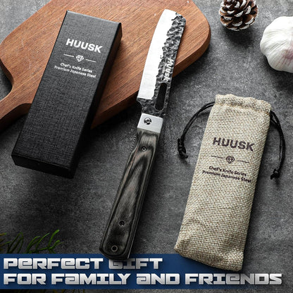 Huusk Folding Chef Knife Set - Japanese Pocket Knife Set | Including Nakiri, Santoku, Bread and Fruit Knives, Hand Forged Blade, Wooden Handle, Gift Box