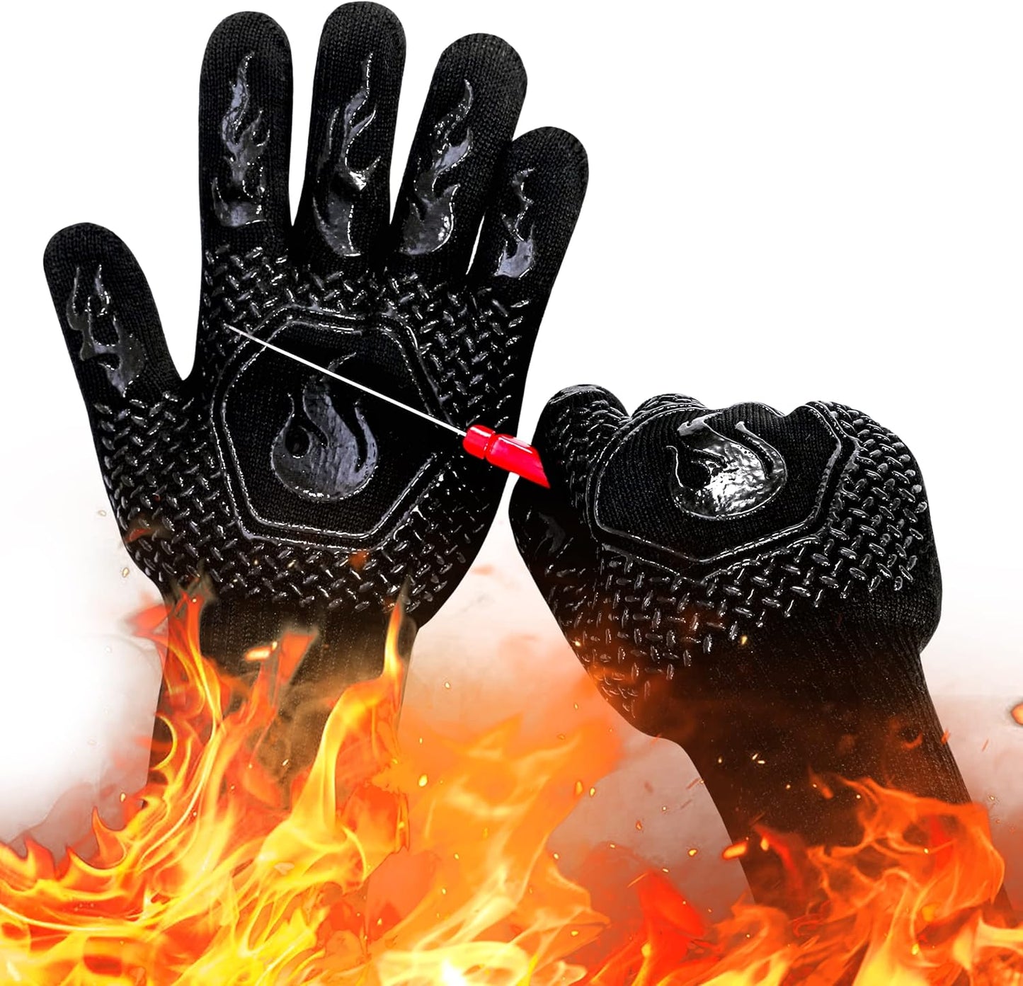 BBQ Fireproof Gloves, Grill Cut-Resistant 1472°F Heat Resistant Gloves, Non-Slip Silicone Oven Gloves, Kitchen Safe Cooking Gloves for Oven Mitts,Barbecue,Cooking, Frying,13.8 Inch-Red