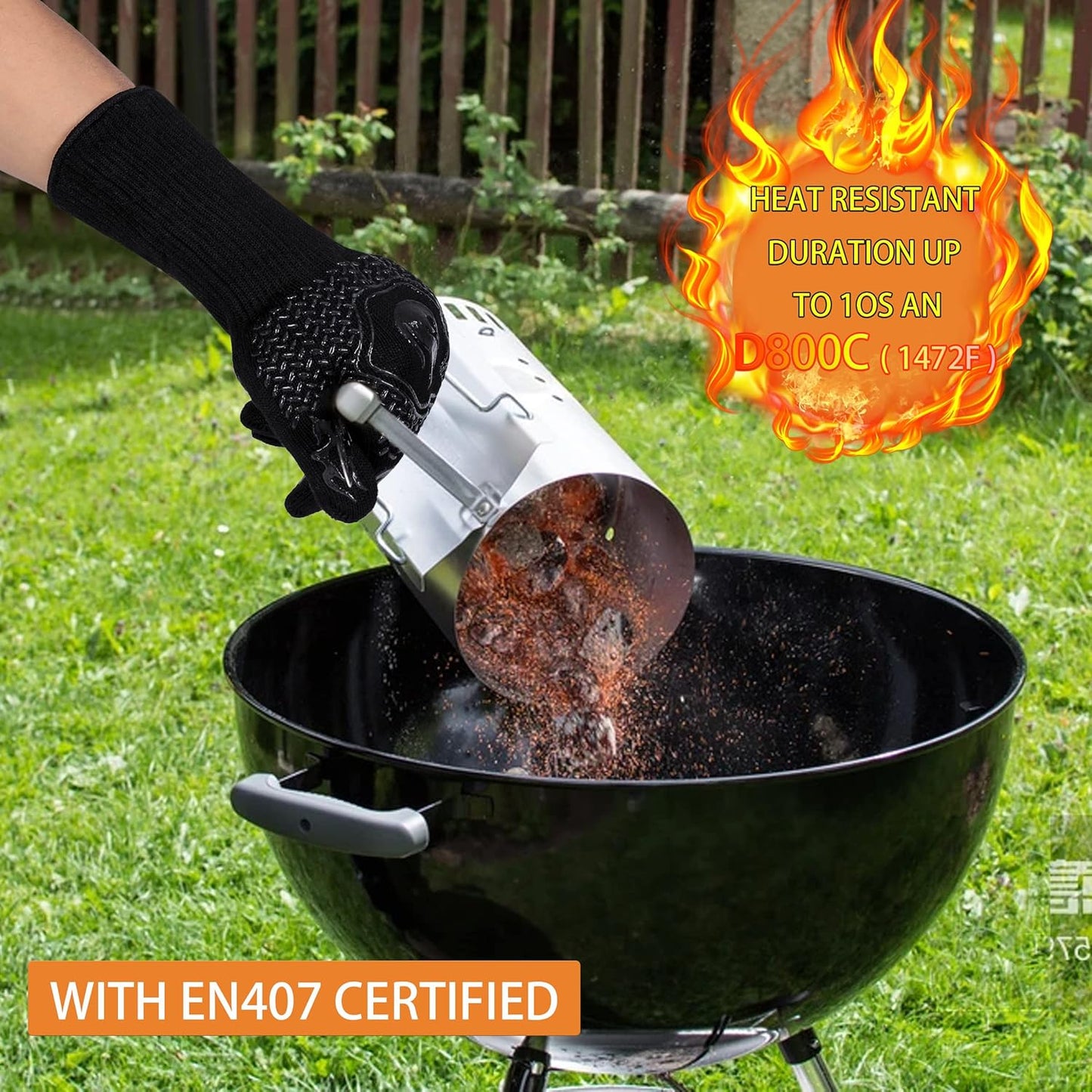BBQ Fireproof Gloves, Grill Cut-Resistant 1472°F Heat Resistant Gloves, Non-Slip Silicone Oven Gloves, Kitchen Safe Cooking Gloves for Oven Mitts,Barbecue,Cooking, Frying,13.8 Inch-Red