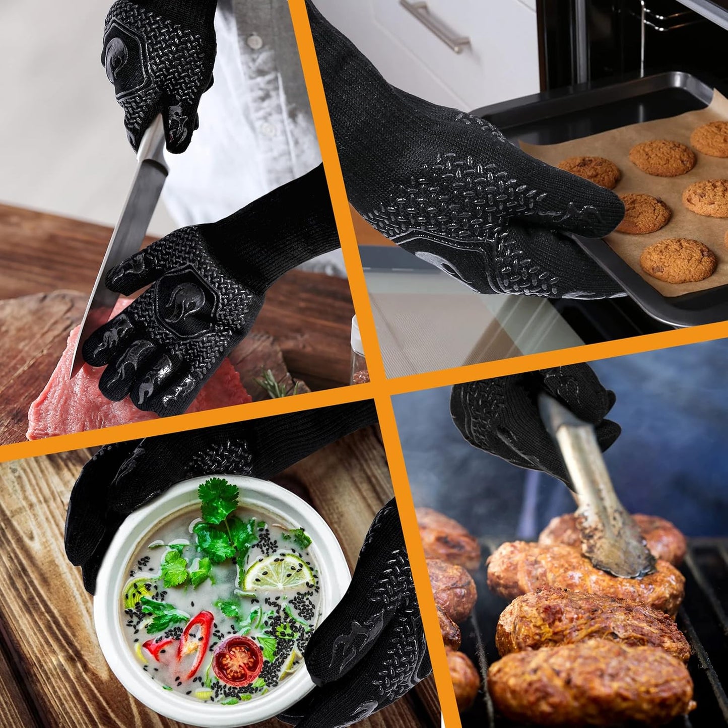 BBQ Fireproof Gloves, Grill Cut-Resistant 1472°F Heat Resistant Gloves, Non-Slip Silicone Oven Gloves, Kitchen Safe Cooking Gloves for Oven Mitts,Barbecue,Cooking, Frying,13.8 Inch-Red