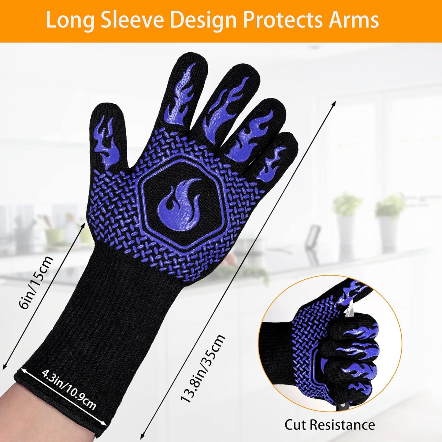 BBQ Fireproof Gloves, Grill Cut-Resistant 1472°F Heat Resistant Gloves, Non-Slip Silicone Oven Gloves, Kitchen Safe Cooking Gloves for Oven Mitts,Barbecue,Cooking, Frying,13.8 Inch-Red