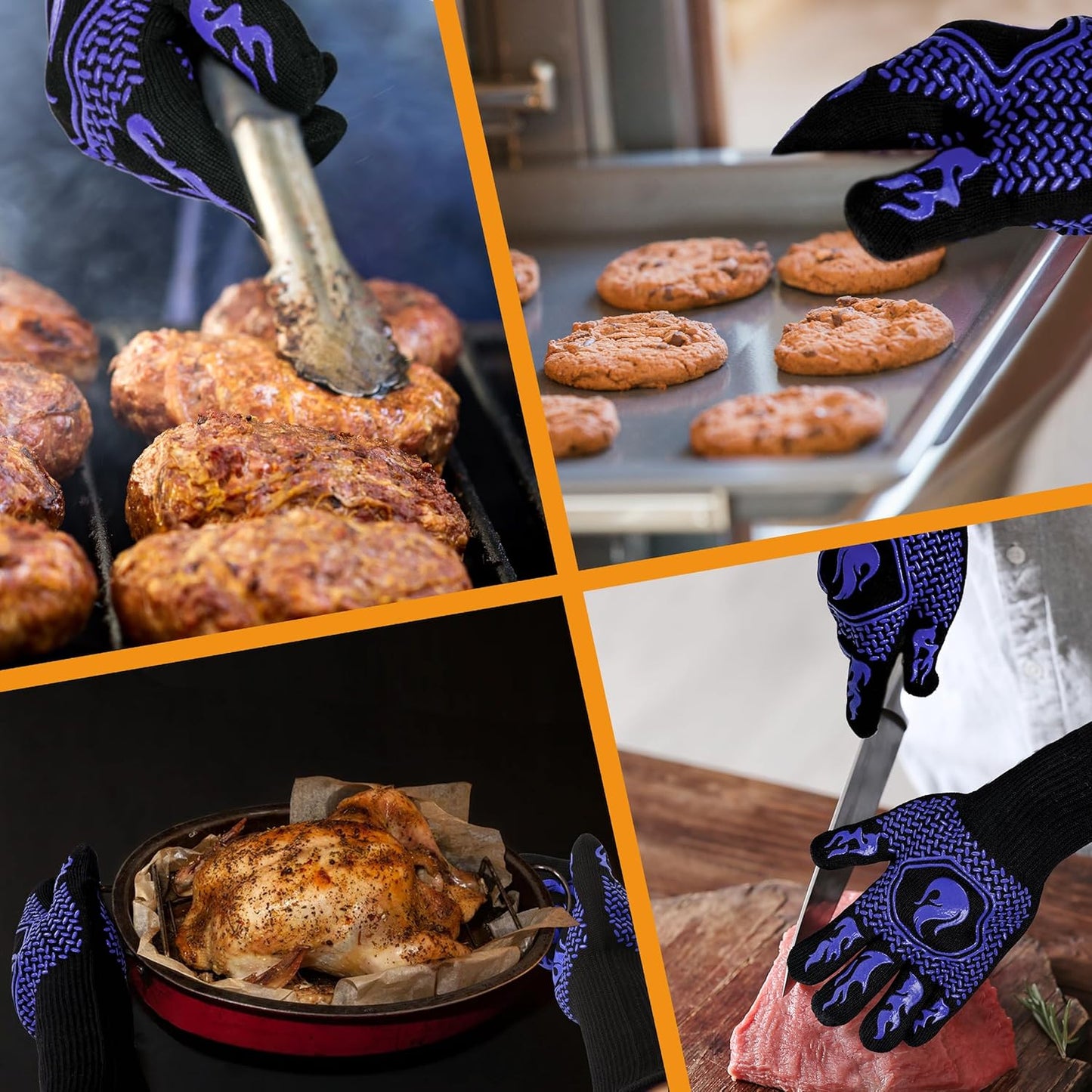 BBQ Fireproof Gloves, Grill Cut-Resistant 1472°F Heat Resistant Gloves, Non-Slip Silicone Oven Gloves, Kitchen Safe Cooking Gloves for Oven Mitts,Barbecue,Cooking, Frying,13.8 Inch-Red