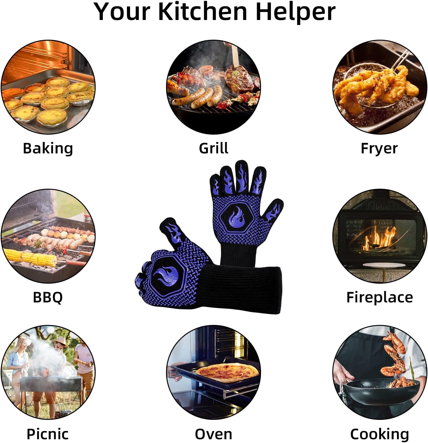 BBQ Fireproof Gloves, Grill Cut-Resistant 1472°F Heat Resistant Gloves, Non-Slip Silicone Oven Gloves, Kitchen Safe Cooking Gloves for Oven Mitts,Barbecue,Cooking, Frying,13.8 Inch-Red