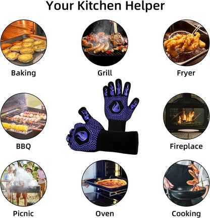 BBQ Fireproof Gloves, Grill Cut-Resistant 1472°F Heat Resistant Gloves, Non-Slip Silicone Oven Gloves, Kitchen Safe Cooking Gloves for Oven Mitts,Barbecue,Cooking, Frying,13.8 Inch-Red