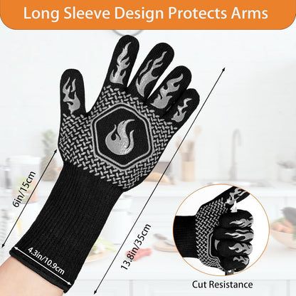 BBQ Fireproof Gloves, Grill Cut-Resistant 1472°F Heat Resistant Gloves, Non-Slip Silicone Oven Gloves, Kitchen Safe Cooking Gloves for Oven Mitts,Barbecue,Cooking, Frying,13.8 Inch-Red