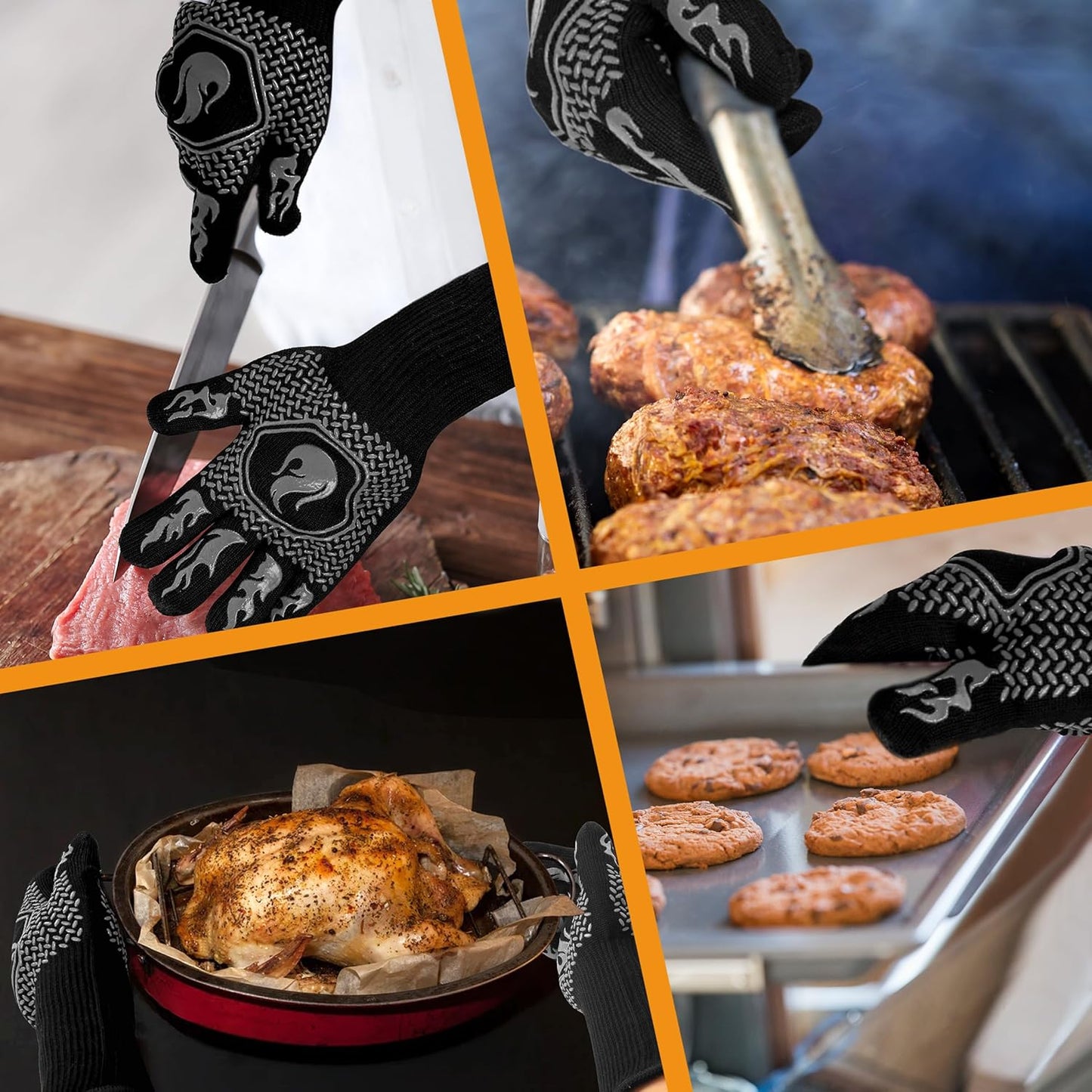 BBQ Fireproof Gloves, Grill Cut-Resistant 1472°F Heat Resistant Gloves, Non-Slip Silicone Oven Gloves, Kitchen Safe Cooking Gloves for Oven Mitts,Barbecue,Cooking, Frying,13.8 Inch-Red