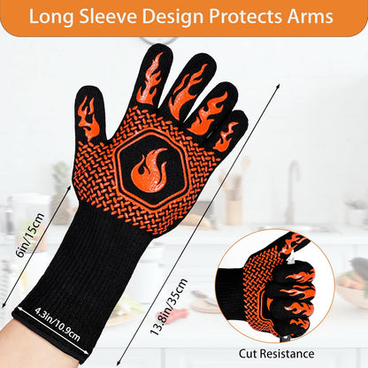 BBQ Fireproof Gloves, Grill Cut-Resistant 1472°F Heat Resistant Gloves, Non-Slip Silicone Oven Gloves, Kitchen Safe Cooking Gloves for Oven Mitts,Barbecue,Cooking, Frying,13.8 Inch-Red