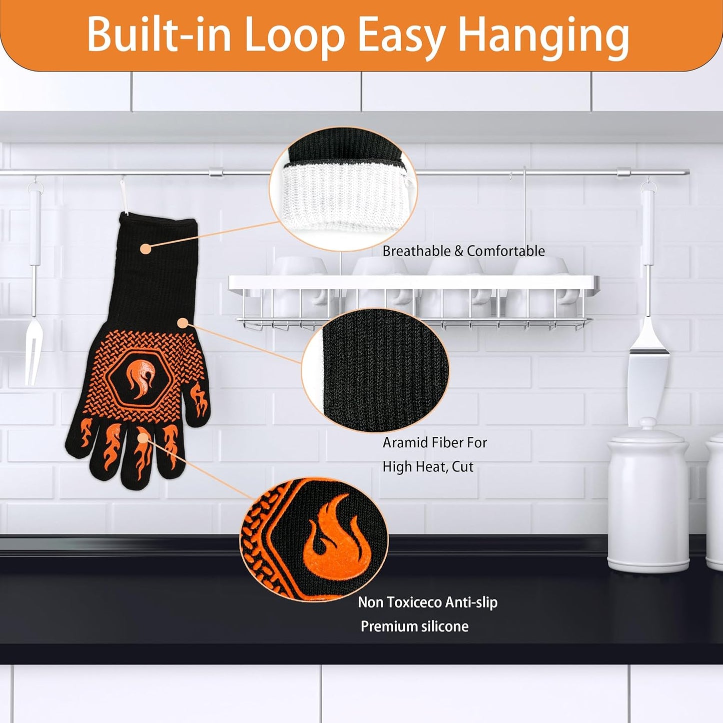 BBQ Fireproof Gloves, Grill Cut-Resistant 1472°F Heat Resistant Gloves, Non-Slip Silicone Oven Gloves, Kitchen Safe Cooking Gloves for Oven Mitts,Barbecue,Cooking, Frying,13.8 Inch-Red