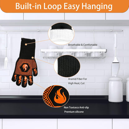 BBQ Fireproof Gloves, Grill Cut-Resistant 1472°F Heat Resistant Gloves, Non-Slip Silicone Oven Gloves, Kitchen Safe Cooking Gloves for Oven Mitts,Barbecue,Cooking, Frying,13.8 Inch-Red