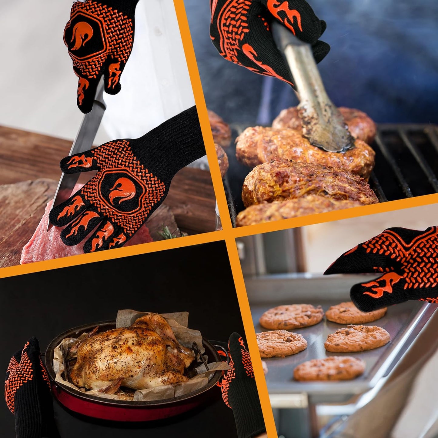 BBQ Fireproof Gloves, Grill Cut-Resistant 1472°F Heat Resistant Gloves, Non-Slip Silicone Oven Gloves, Kitchen Safe Cooking Gloves for Oven Mitts,Barbecue,Cooking, Frying,13.8 Inch-Red