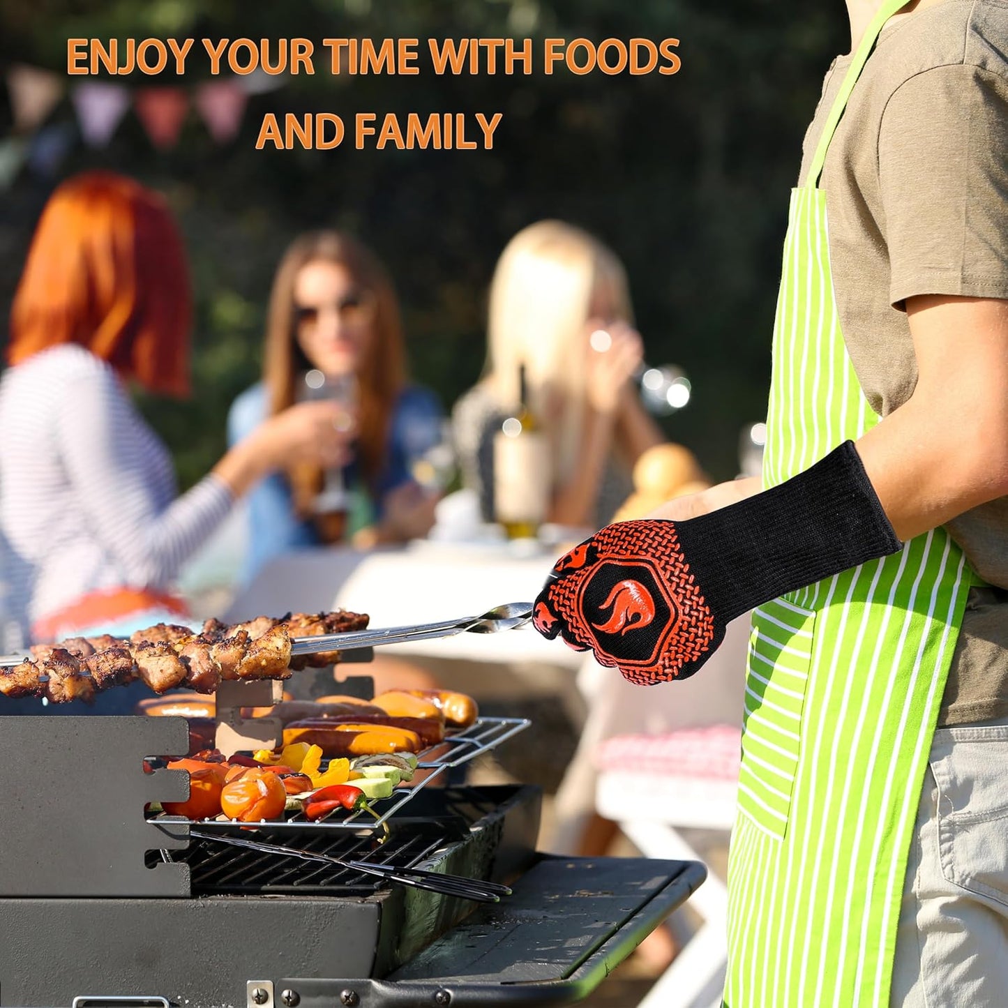 BBQ Fireproof Gloves, Grill Cut-Resistant 1472°F Heat Resistant Gloves, Non-Slip Silicone Oven Gloves, Kitchen Safe Cooking Gloves for Oven Mitts,Barbecue,Cooking, Frying,13.8 Inch-Red