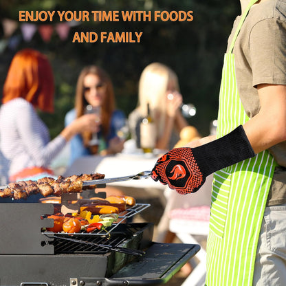 BBQ Fireproof Gloves, Grill Cut-Resistant 1472°F Heat Resistant Gloves, Non-Slip Silicone Oven Gloves, Kitchen Safe Cooking Gloves for Oven Mitts,Barbecue,Cooking, Frying,13.8 Inch-Red