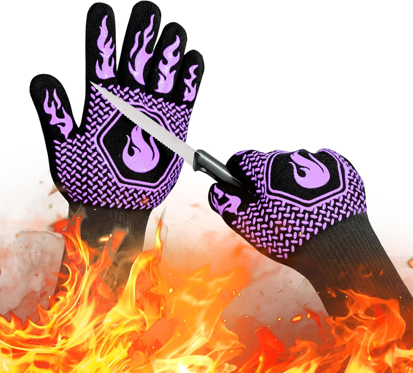 BBQ Fireproof Gloves, Grill Cut-Resistant 1472°F Heat Resistant Gloves, Non-Slip Silicone Oven Gloves, Kitchen Safe Cooking Gloves for Oven Mitts,Barbecue,Cooking, Frying,13.8 Inch-Red