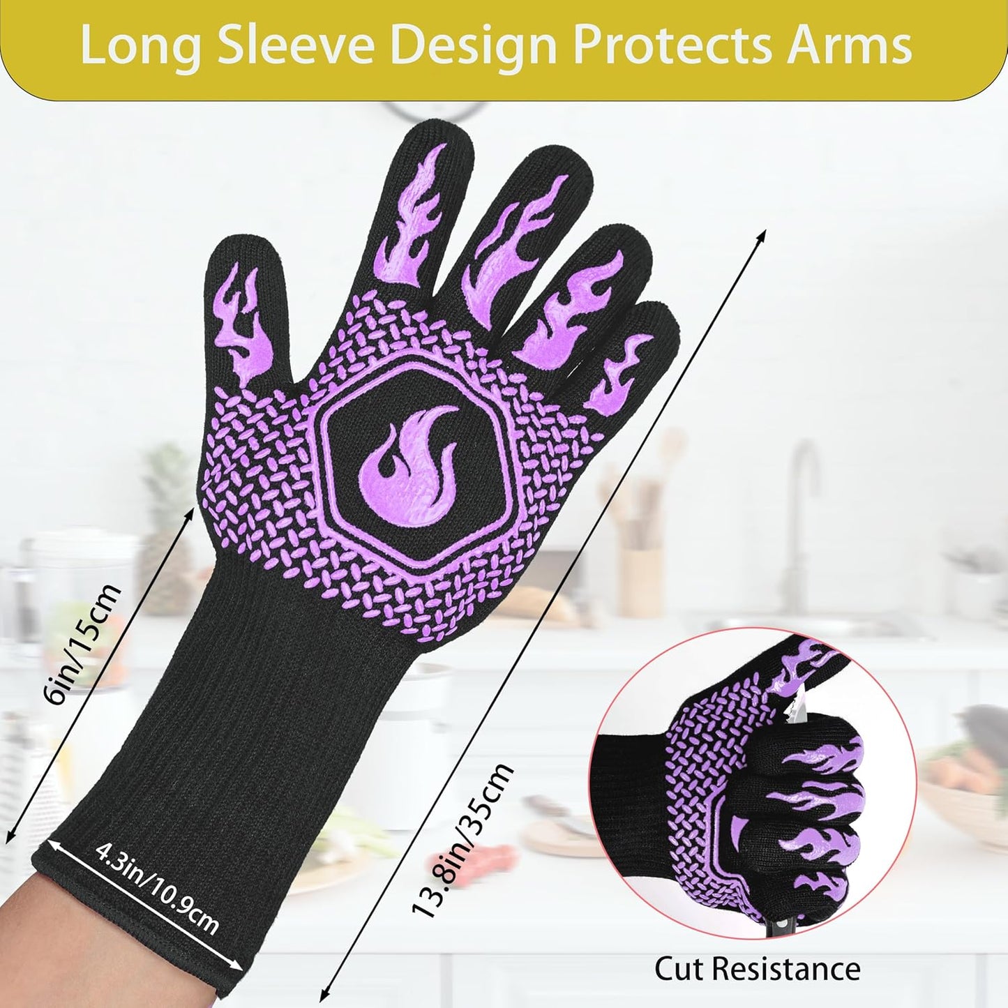 BBQ Fireproof Gloves, Grill Cut-Resistant 1472°F Heat Resistant Gloves, Non-Slip Silicone Oven Gloves, Kitchen Safe Cooking Gloves for Oven Mitts,Barbecue,Cooking, Frying,13.8 Inch-Red