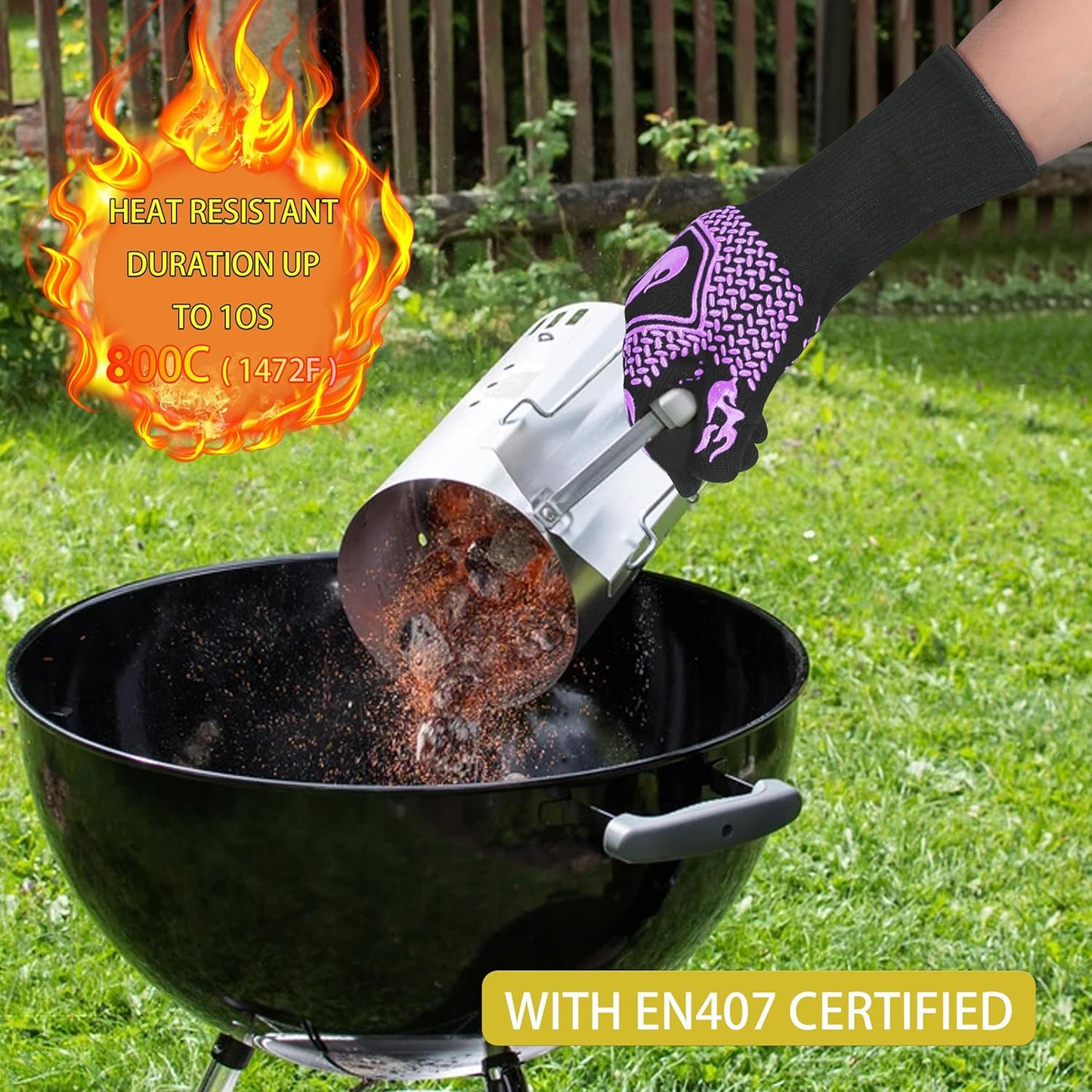 BBQ Fireproof Gloves, Grill Cut-Resistant 1472°F Heat Resistant Gloves, Non-Slip Silicone Oven Gloves, Kitchen Safe Cooking Gloves for Oven Mitts,Barbecue,Cooking, Frying,13.8 Inch-Red