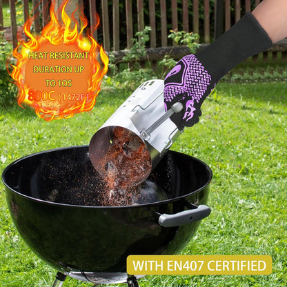 BBQ Fireproof Gloves, Grill Cut-Resistant 1472°F Heat Resistant Gloves, Non-Slip Silicone Oven Gloves, Kitchen Safe Cooking Gloves for Oven Mitts,Barbecue,Cooking, Frying,13.8 Inch-Red