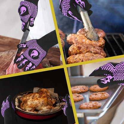 BBQ Fireproof Gloves, Grill Cut-Resistant 1472°F Heat Resistant Gloves, Non-Slip Silicone Oven Gloves, Kitchen Safe Cooking Gloves for Oven Mitts,Barbecue,Cooking, Frying,13.8 Inch-Red