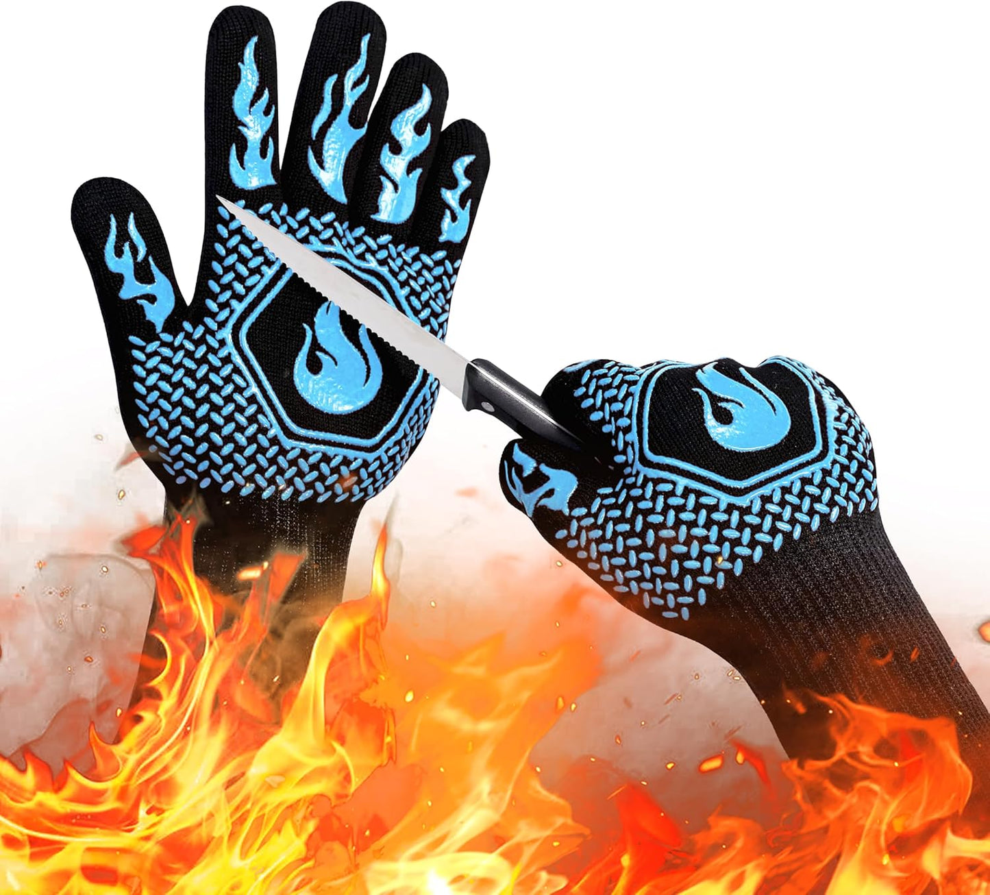 BBQ Fireproof Gloves, Grill Cut-Resistant 1472°F Heat Resistant Gloves, Non-Slip Silicone Oven Gloves, Kitchen Safe Cooking Gloves for Oven Mitts,Barbecue,Cooking, Frying,13.8 Inch-Red