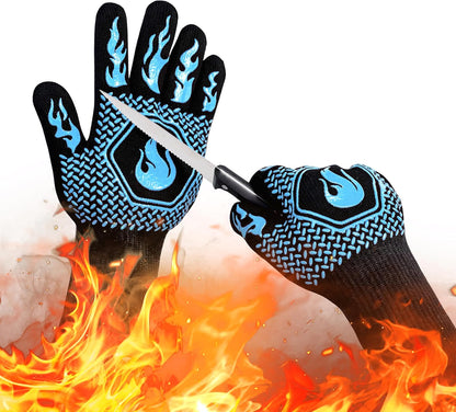 BBQ Fireproof Gloves, Grill Cut-Resistant 1472°F Heat Resistant Gloves, Non-Slip Silicone Oven Gloves, Kitchen Safe Cooking Gloves for Oven Mitts,Barbecue,Cooking, Frying,13.8 Inch-Red