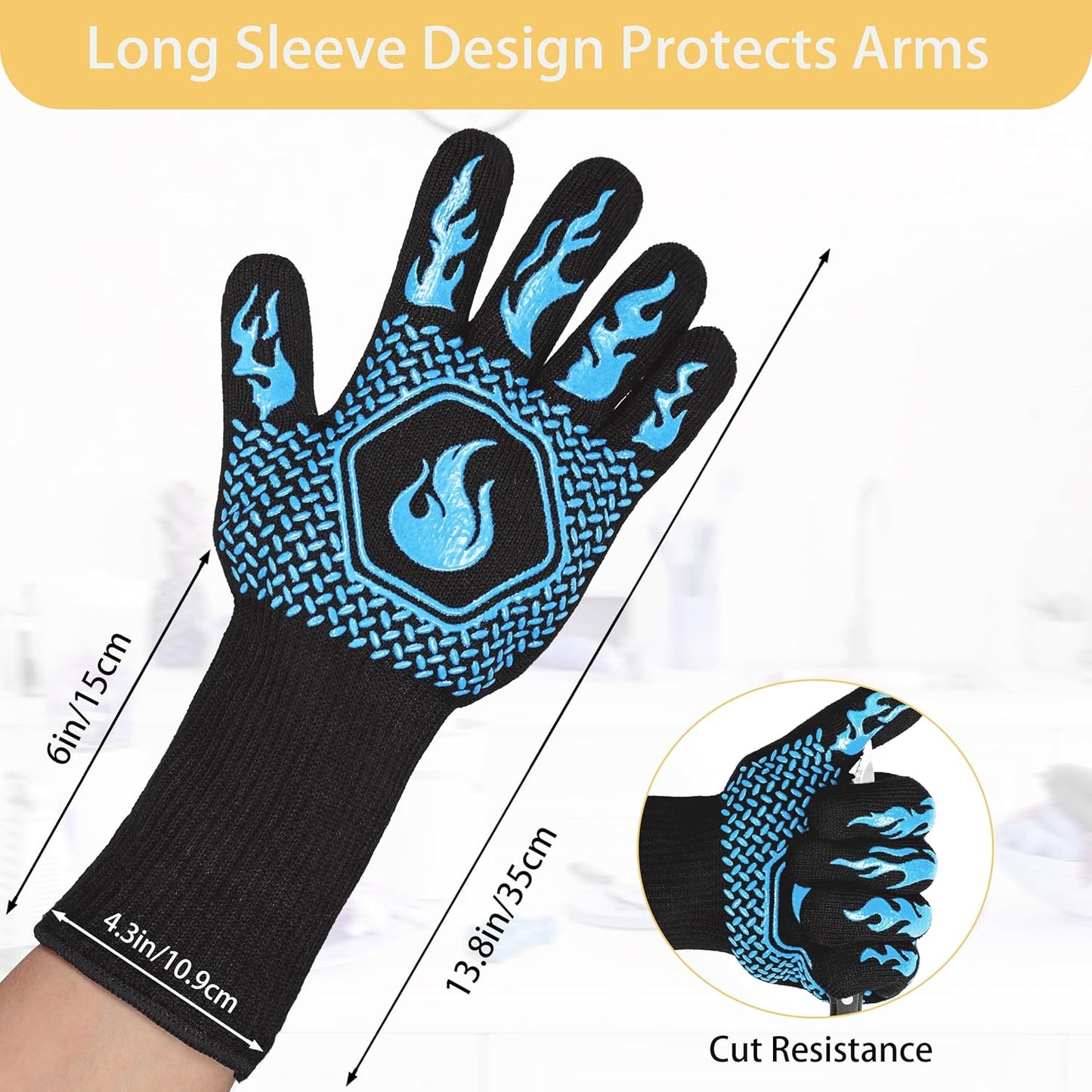 BBQ Fireproof Gloves, Grill Cut-Resistant 1472°F Heat Resistant Gloves, Non-Slip Silicone Oven Gloves, Kitchen Safe Cooking Gloves for Oven Mitts,Barbecue,Cooking, Frying,13.8 Inch-Red