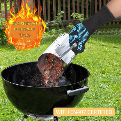BBQ Fireproof Gloves, Grill Cut-Resistant 1472°F Heat Resistant Gloves, Non-Slip Silicone Oven Gloves, Kitchen Safe Cooking Gloves for Oven Mitts,Barbecue,Cooking, Frying,13.8 Inch-Red