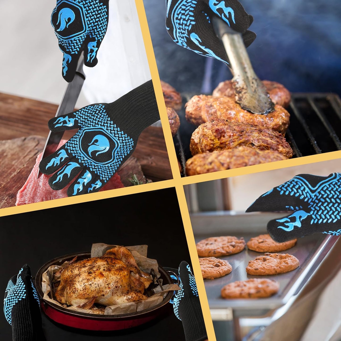 BBQ Fireproof Gloves, Grill Cut-Resistant 1472°F Heat Resistant Gloves, Non-Slip Silicone Oven Gloves, Kitchen Safe Cooking Gloves for Oven Mitts,Barbecue,Cooking, Frying,13.8 Inch-Red