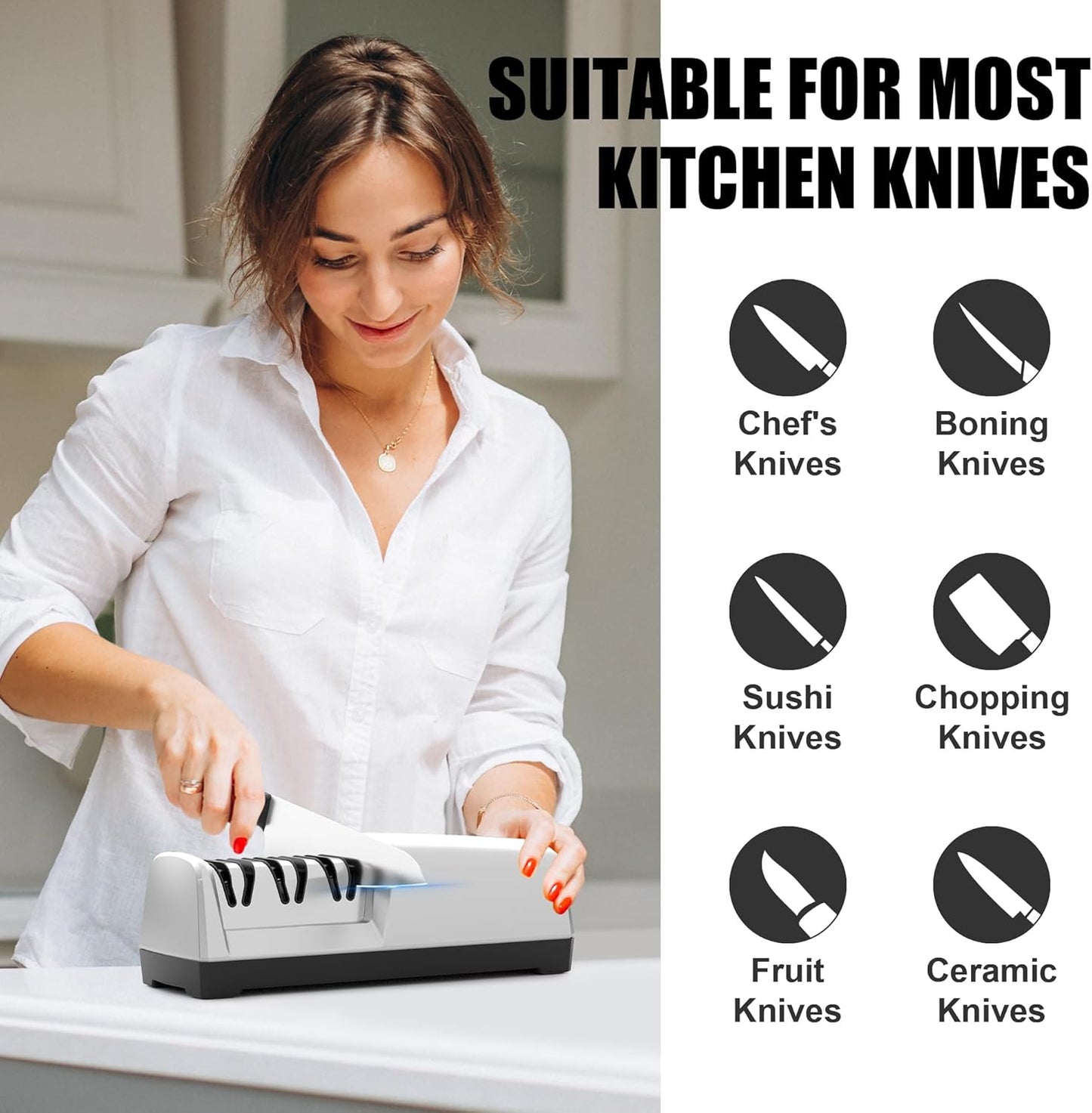 Electric Knife Sharpener for Kitchen Knives - Automatic Professional Knife Sharpening System with Diamond Abrasives and Precision Angle Guides, 3 Stage Ceramic Knife Sharpeners Tool