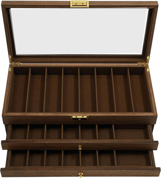 Knife Display Case with Lock, 3-Tier Ebony Storage Box & 22 Compartments - Vintage Knife Collection Organizer for Men Gift