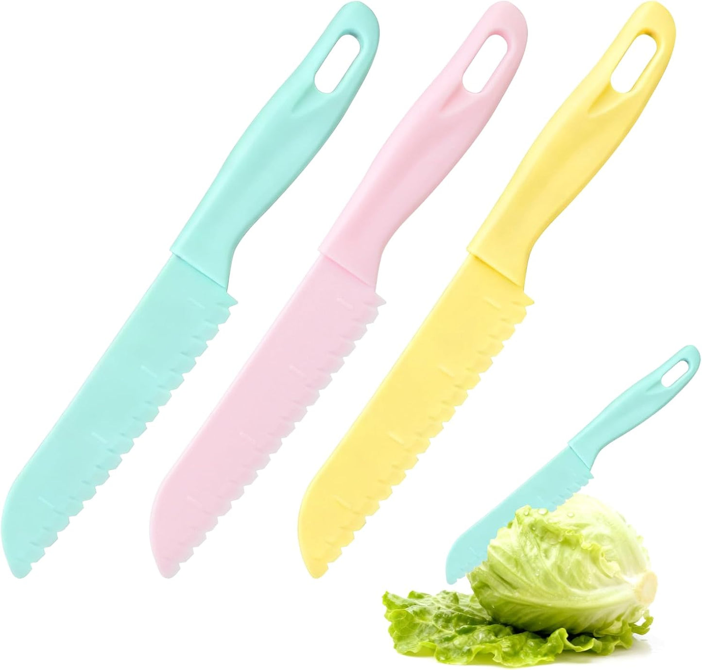 Lettuce Knife 3 Pack 8 Inch Plastic Prevent Browning Blue Pink Yellow | 3 Pack 8 Inch Nylon Knives Non Reactive Prevents Browning Fruits Veggies Non Stick Serrated Edge Salad Bread Cake Small Size