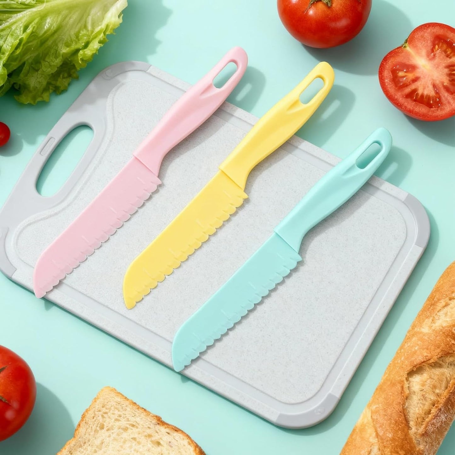 Lettuce Knife 3 Pack 8 Inch Plastic Prevent Browning Blue Pink Yellow | 3 Pack 8 Inch Nylon Knives Non Reactive Prevents Browning Fruits Veggies Non Stick Serrated Edge Salad Bread Cake Small Size