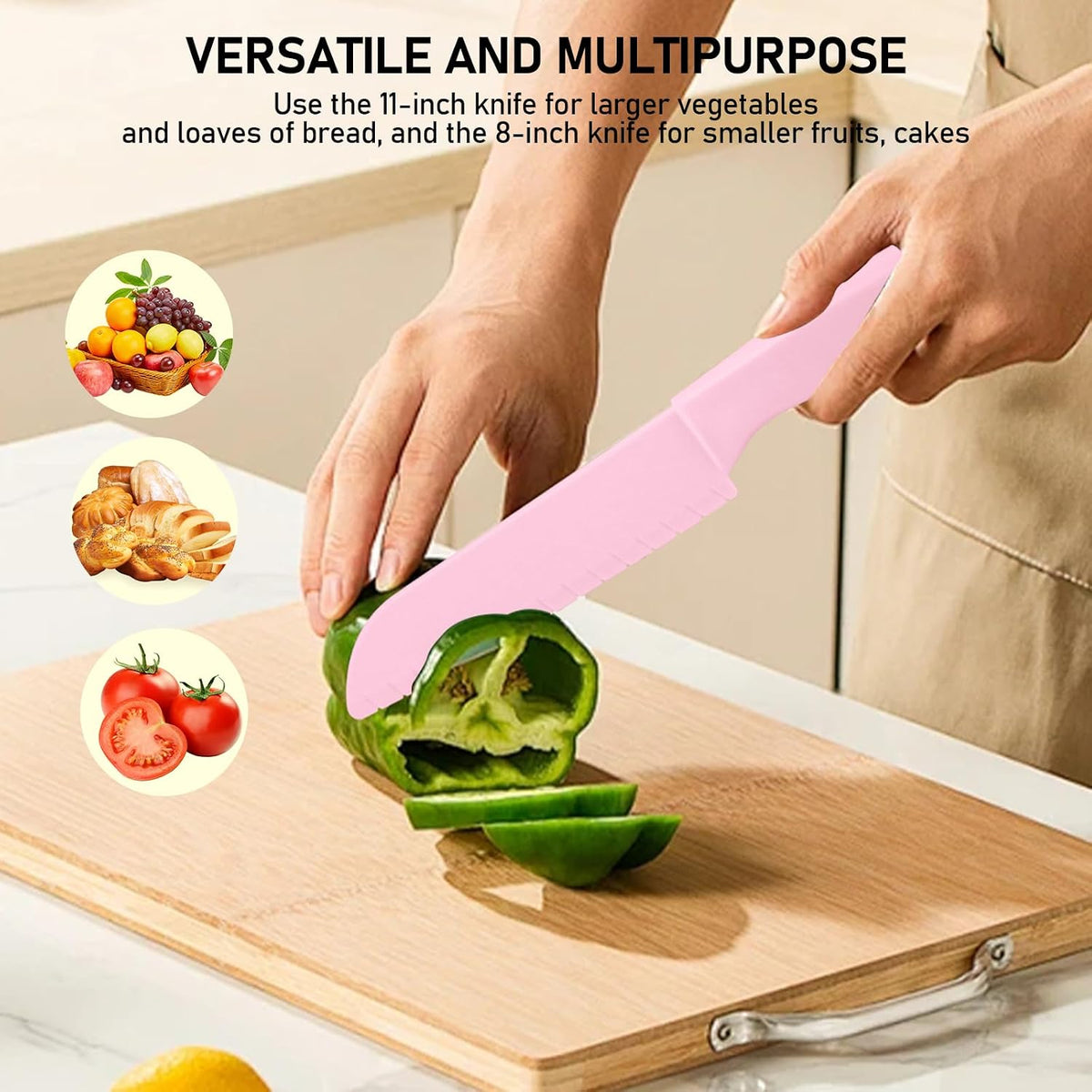 Lettuce Knife 3 Pack 8 Inch Plastic Prevent Browning Blue Pink Yellow | 3 Pack 8 Inch Nylon Knives Non Reactive Prevents Browning Fruits Veggies Non Stick Serrated Edge Salad Bread Cake Small Size