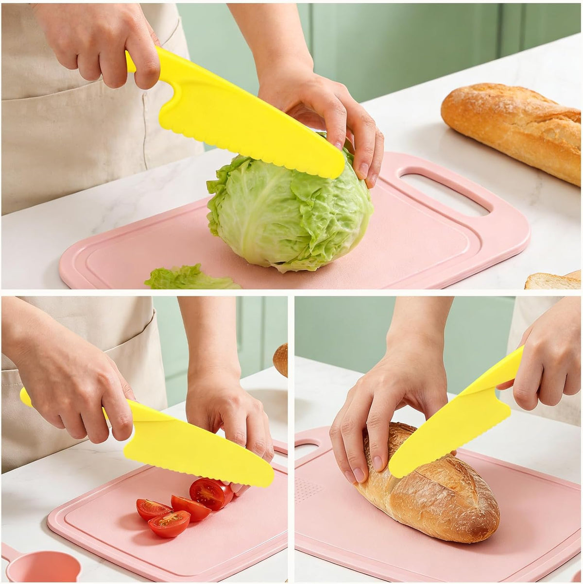 Lettuce Knife 3 Pack 8 Inch Plastic Prevent Browning Blue Pink Yellow | 3 Pack 8 Inch Nylon Knives Non Reactive Prevents Browning Fruits Veggies Non Stick Serrated Edge Salad Bread Cake Small Size