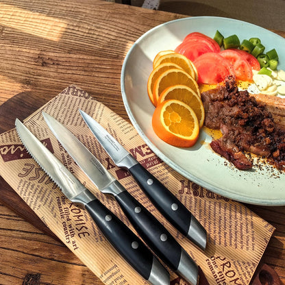 3-Piece Kitchen Knife Set,Fruit Knife Set,Precision Forged High-Carbon Stainless Steel, Black Ergonomic Handle, 3.5" & 5" Straight & Serrated Edge