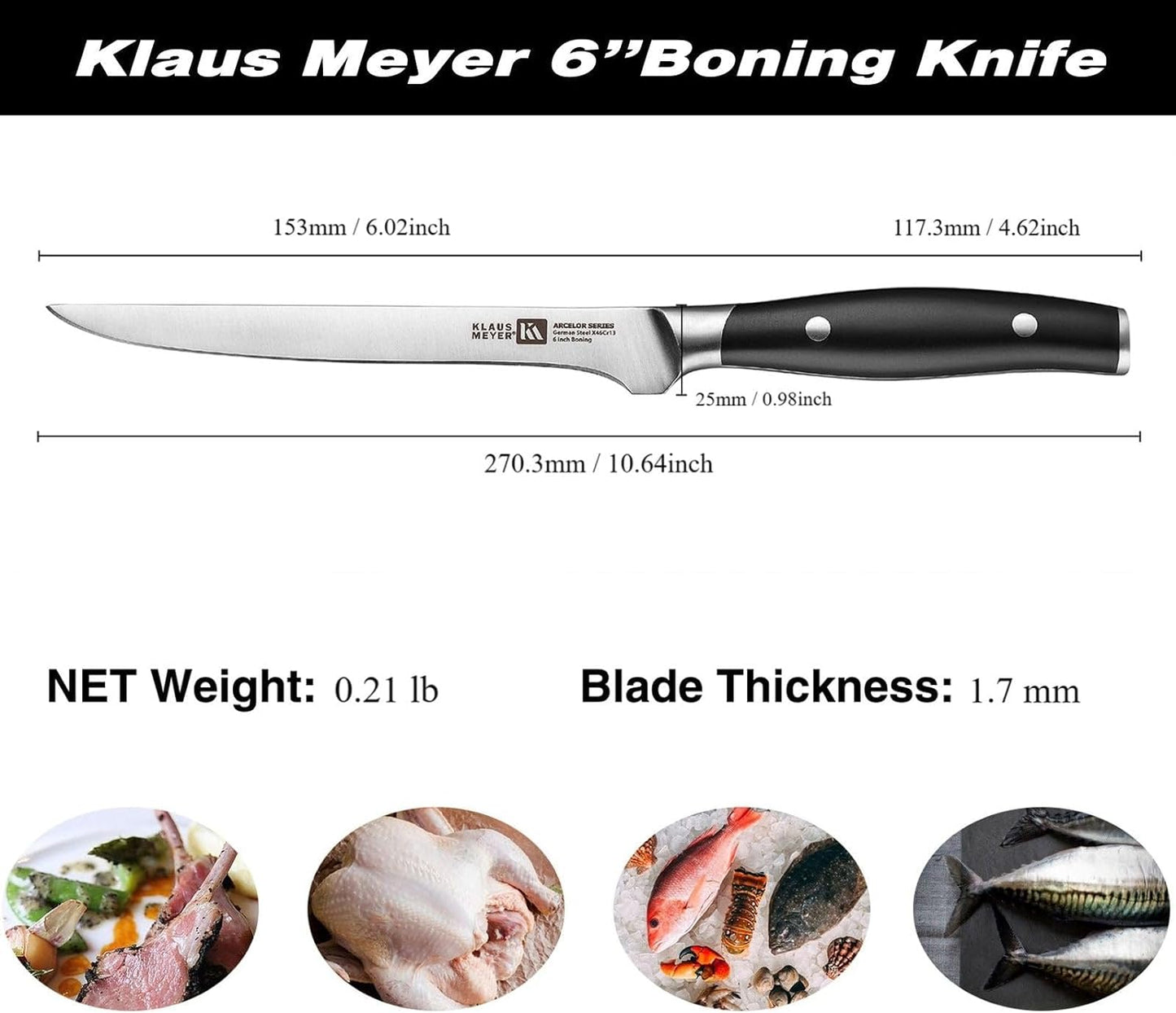 Arcelor 6 inch Boning Knife High Carbon Exclusive German Steel Fish Knife for Meat Cutting Trimming with Full Tang Ergonomic Handle