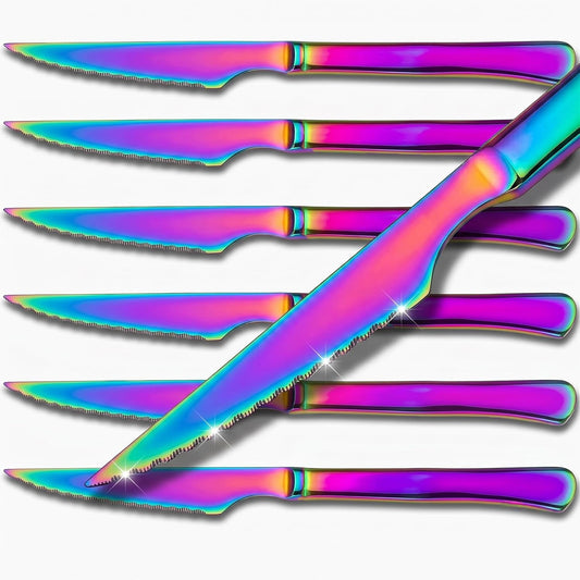 6 Pack Rainbow Stainless Steel Steak Knives, Iridescent Serrated Sharp Dinner Cutlery Knives Set for Kitchen Table