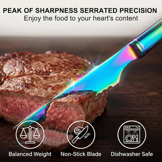 6 Pack Rainbow Stainless Steel Steak Knives, Iridescent Serrated Sharp Dinner Cutlery Knives Set for Kitchen Table