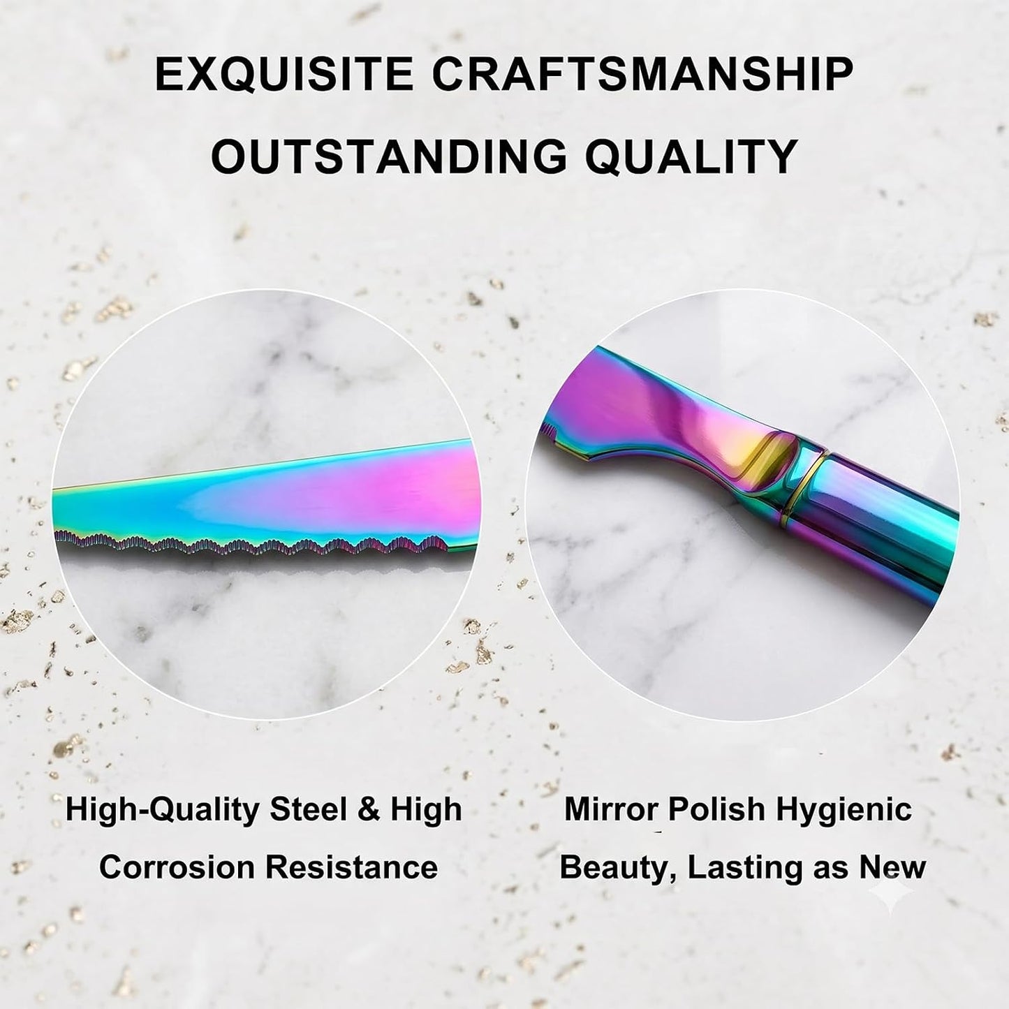6 Pack Rainbow Stainless Steel Steak Knives, Iridescent Serrated Sharp Dinner Cutlery Knives Set for Kitchen Table